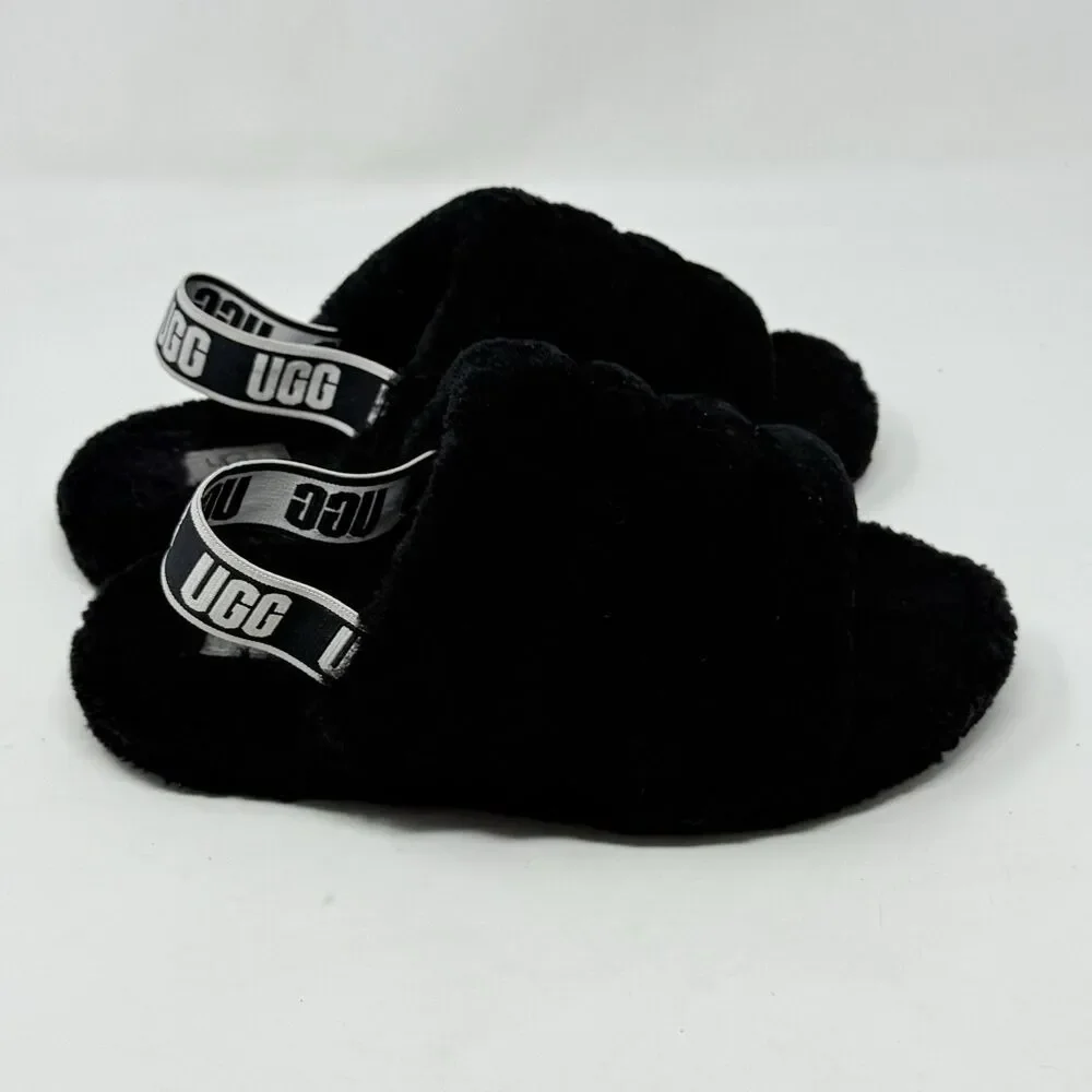 UGG Fluff Yeah Shearling Slingback Slippers Kids Girls 5 Black Red Open Toe